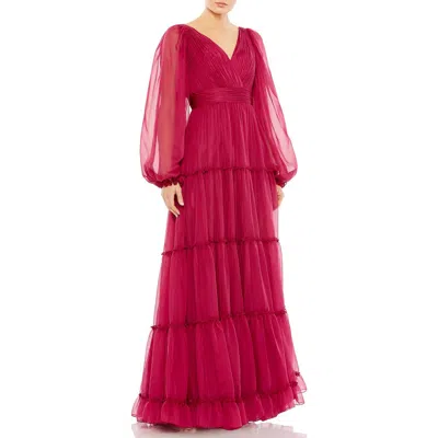 MAC DUGGAL MAC DUGGAL RUFFLE TIERED PUFF SLEEVE A LINE GOWN