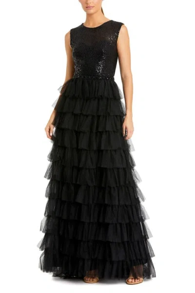 Mac Duggal 27055 Long Sleeveless Ruffled Tiered Prom Dress In Black