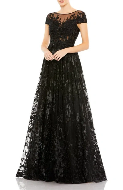 Mac Duggal Ruffle Tiered Sequin High Neck Gown In Black