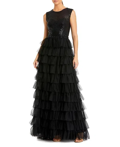Mac Duggal Ruffle Tiered Sequin High Neck Gown In Black