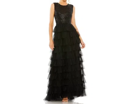 Mac Duggal Ruffle Tiered Sequin High Neck Gown Dress In Black