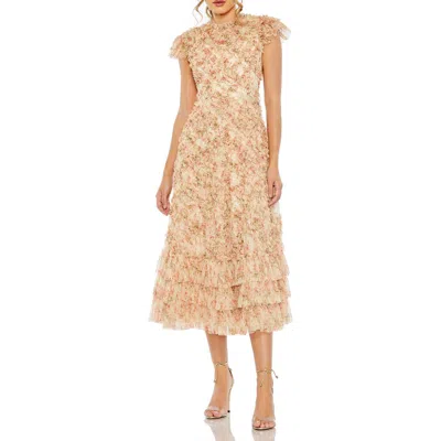 Mac Duggal Ruffle Tiered Short Sleeve A Line Dress In Beige Multi