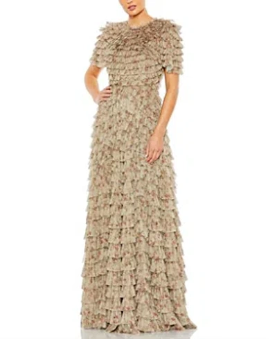 Mac Duggal Ruffle Tiered Short Sleeve A Line Gown In Beige