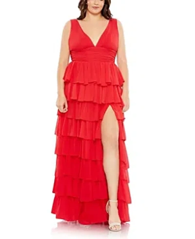 Mac Duggal Ruffle Tiered Sleeveless V Neck Gown In Red