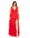 Mac Duggal Plus Size Empire Chiffon Gown With Tiered Ruffles In Red