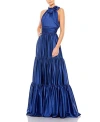 Mac Duggal Ruffle Tiered Soft Tie Halter Neck Gown In Sapphire