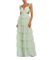 Mac Duggal Ruffle Tiered Tulle Cut Out Gown In Mint
