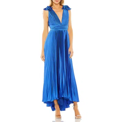 Mac Duggal Ruffle Top Sleeveless V Neck Pleated Gown In Cobalt