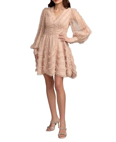 Mac Duggal Ruffle Trim V-neck Long Sleeve Mini Dress With Tiered Skirt In Neutral