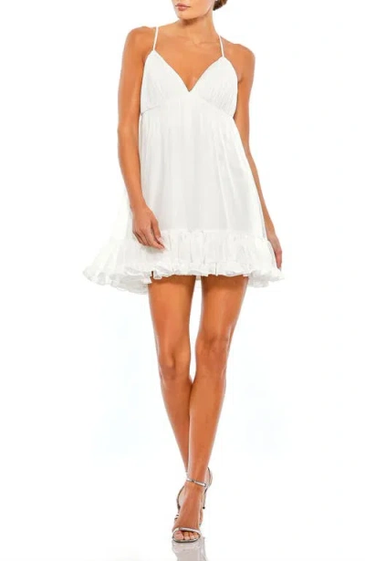 Mac Duggal Ruffle V-neck Criss-cross Mini Dress In White