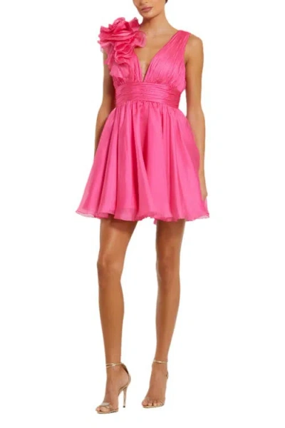 Mac Duggal Ruffle V Neck Fit & Flare Mini Dress In Hot Pink