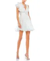 Mac Duggal Ruffle Shoulder Empire Waist Deep V-neck Dress In White In White