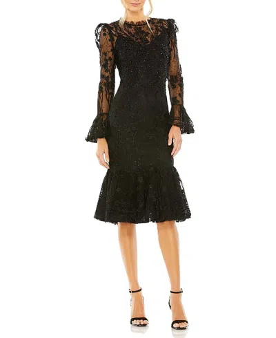 MAC DUGGAL RUFFLE WRIST EMBELLISHED HIGH NECK MIDI DRESS