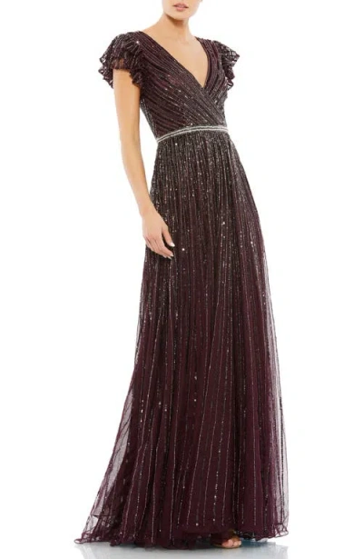 Mac Duggal Ruffled Cap Sleeve Sequin Wrap Gown In Brown