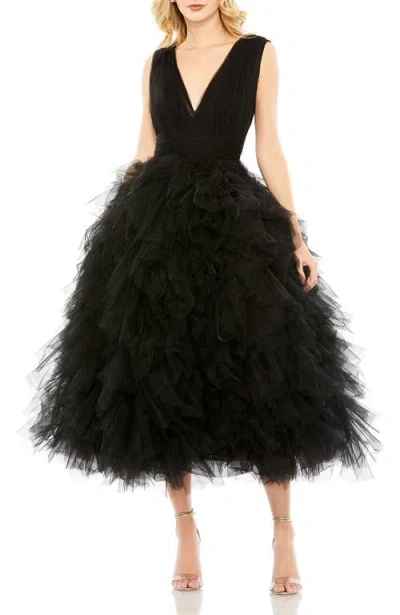 Mac Duggal Ruffled Cap Sleeve V-neck A Line Tulle Dress In Black