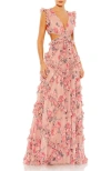 Mac Duggal Floral Ruffle Cutout Detail Chiffon A-line Gown In Rose Multi