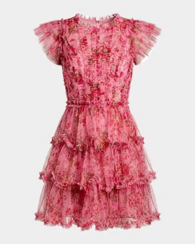 Mac Duggal Floral High Neck Cap Sleeve Ruffle Mini Dress In Pink