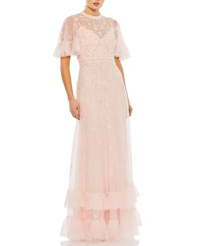 MAC DUGGAL RUFFLED FLORAL EMBELLISHED FLUTTER SLEEVE A-LINE GOWN