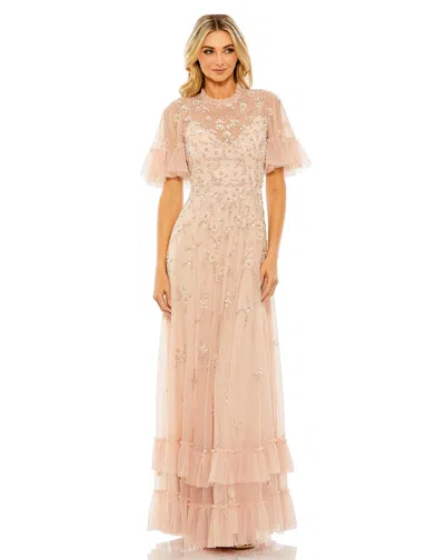 Mac Duggal Ruffled Floral Embellished Flutter Sleeve A-line Gown In Blush