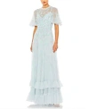 Mac Duggal Rufflered Floral Embellished Flutter Sleeve A-line Gown In Powder Blue