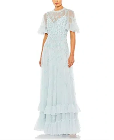 Mac Duggal Rufflered Floral Embellished Flutter Sleeve A-line Gown In Powder Blue