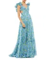 Mac Duggal Ruffled Floral Gown In Blue Multi