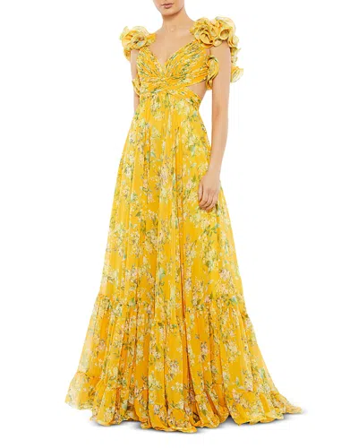 MAC DUGGAL WOMEN'S RUFFLE TIERED FLORAL CUT-OUT CHIFFON GOWN