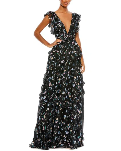 Mac Duggal Ruffled Floral Print Cap Sleeve Gown