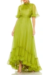 Mac Duggal Ruffle High Neck Flutter Sleeve A-line Gown In Apple Green