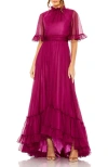 Mac Duggal Ruffle High Neck Flutter Sleeve A-line Gown In Raspberry