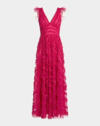 Mac Duggal Ruffled Mesh Midi Dress In Pink