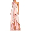 Mac Duggal Ruffled One Shoulder Cut Out Hi-low Gown In Rose