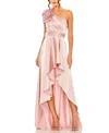 Mac Duggal Ruffled One Shoulder Cut Out Hi-low Gown In Pink