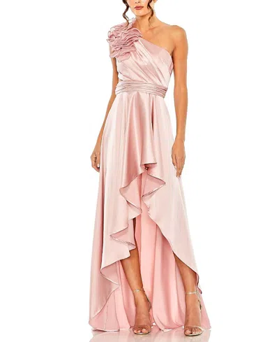 Mac Duggal Ruffled One Shoulder Cut Out Hi-low Gown In Pink