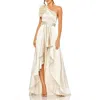 Mac Duggal Ruffled One Shoulder Cut Out Hi-low Gown In Neutral