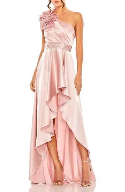 Mac Duggal Ruffled One Shoulder Cut Out Hi-low Gown In Rose