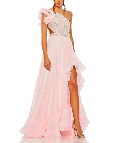 MAC DUGGAL RUFFLED ONE SHOULDER EMBELLISHED LACE UP GOWN