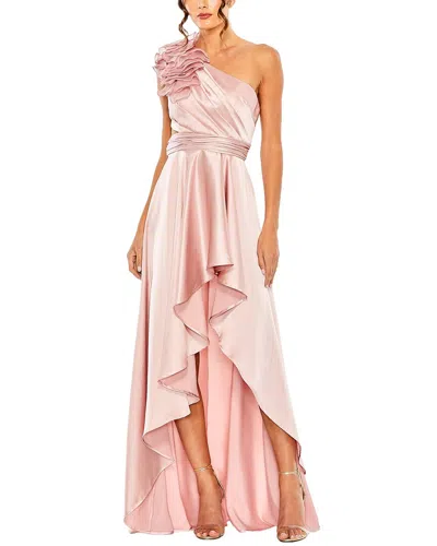 Mac Duggal Ruffled One Shoulder Cut Out Hi-low Gown In Pink