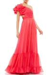 Mac Duggal Ruffled One Shoulder Lace Up Back Tiered Gown In Hot Pink