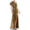 Mac Duggal Ruffled One Shoulder Metallic Evening Gown In Bronze