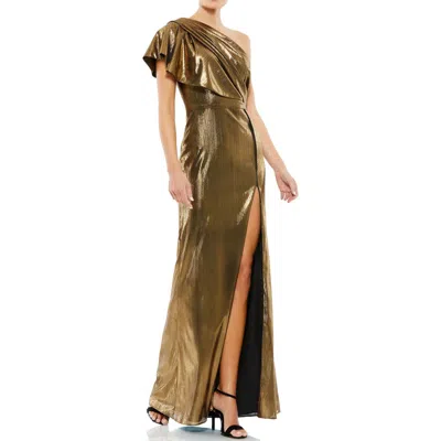 Mac Duggal Ruffled One Shoulder Metallic Evening Gown In Bronze