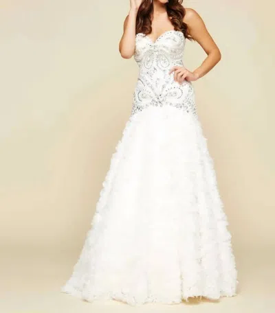Mac Duggal Ruffled Rhinestone Embellished Gown In Ivory In Multi