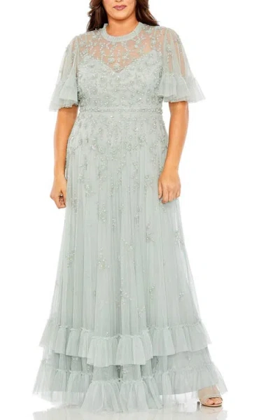 MAC DUGGAL MAC DUGGAL RUFFLERED FLORAL EMBELLISHED FLUTTER SLEEVE A LINE