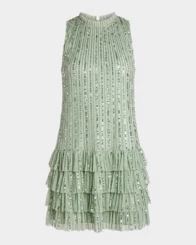 Mac Duggal Sleeveless Striped Sequin Tiered Ruffle Mini Dress In Green
