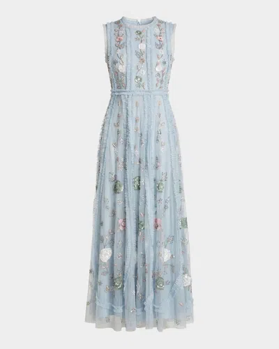 Mac Duggal Ruffle-trim Floral Beaded Mesh Gown In Blue