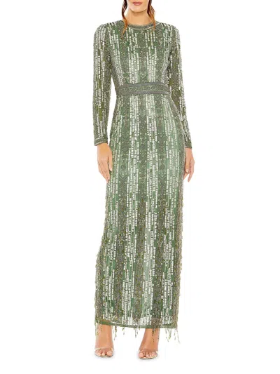 Pre-owned Mac Duggal Sage Green Sequin Beaded Fringe Long Sleeve Gown Size 10 $898