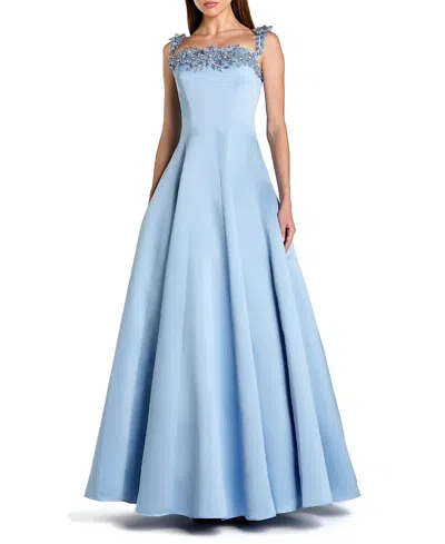 Mac Duggal Satin Beaded Off The Shoulder Ballgown In Blue