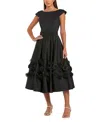 Mac Duggal Satin Cap Sleeve A Line Midi Dress With 3d Flowers In Black