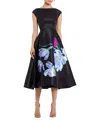 Mac Duggal Satin Cap Sleeve Midi Dress With Floral Print In Black Multi