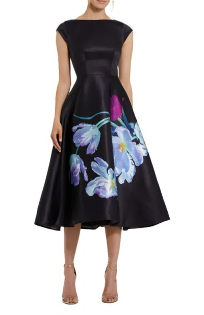 MAC DUGGAL MAC DUGGAL SATIN CAP SLEEVE MIDI DRESS WITH FLORAL PRINT